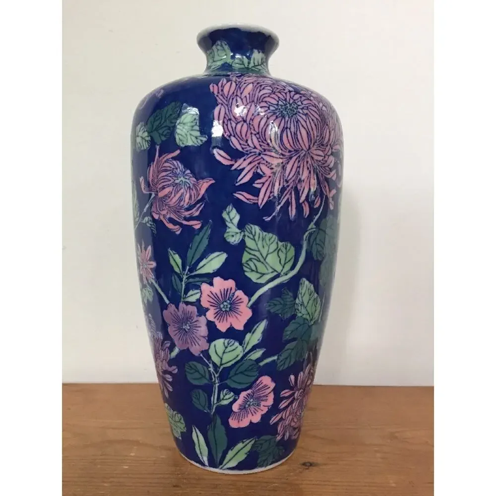 Vintage Chrysanthemum Blue Pink Chinese Handpainted Porcelain Urn Jar Vase 12